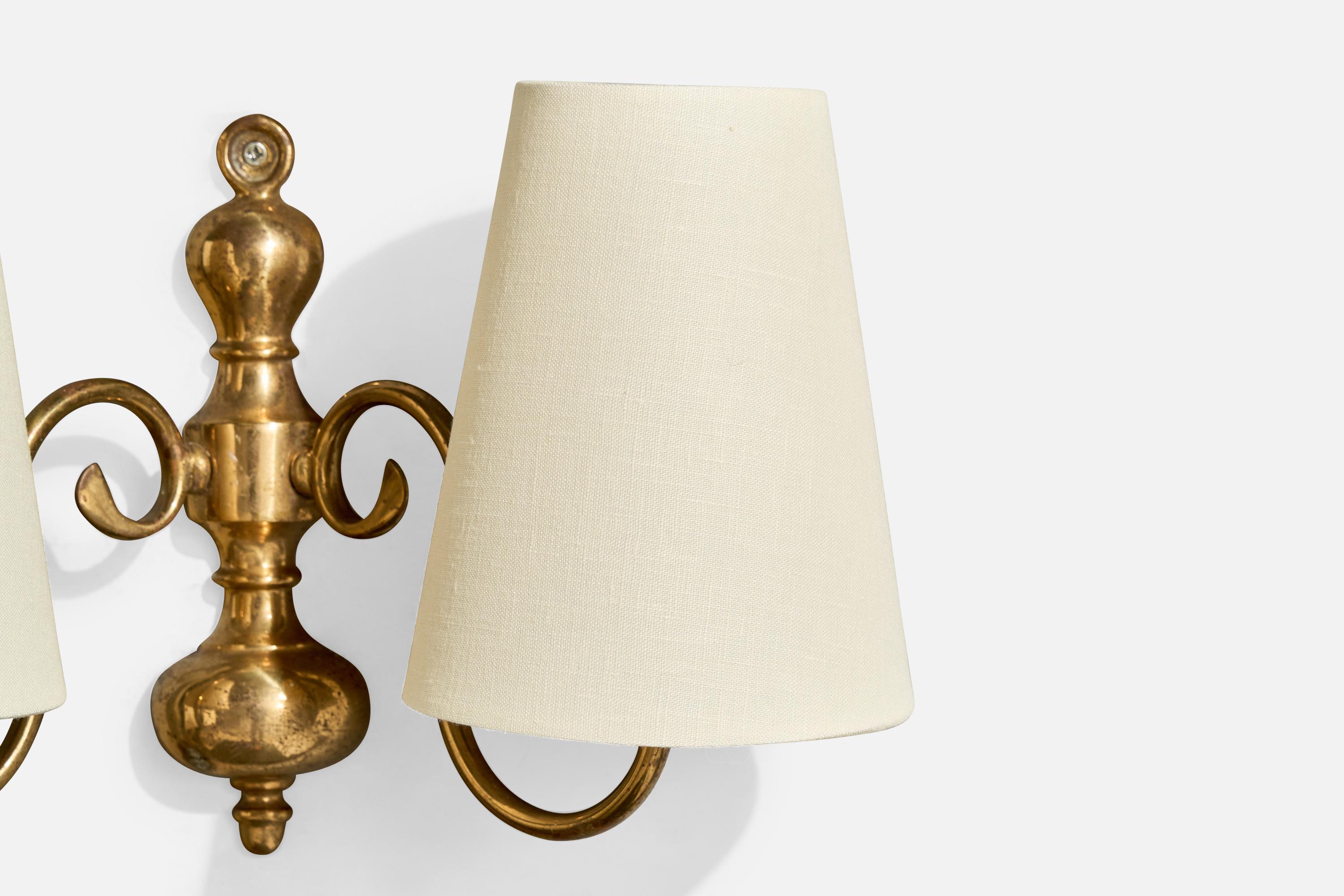 French Designer, Wall Lights, Brass, Fabric, France, 1960s For Sale 3
