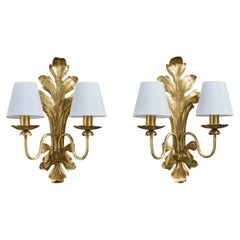 Designer francese, lampade da parete, ottone, tessuto, Francia, anni '1960