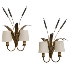 Französischer Designer, Wall Lights, Messing, Stoff, Frankreich, 1970er Jahre