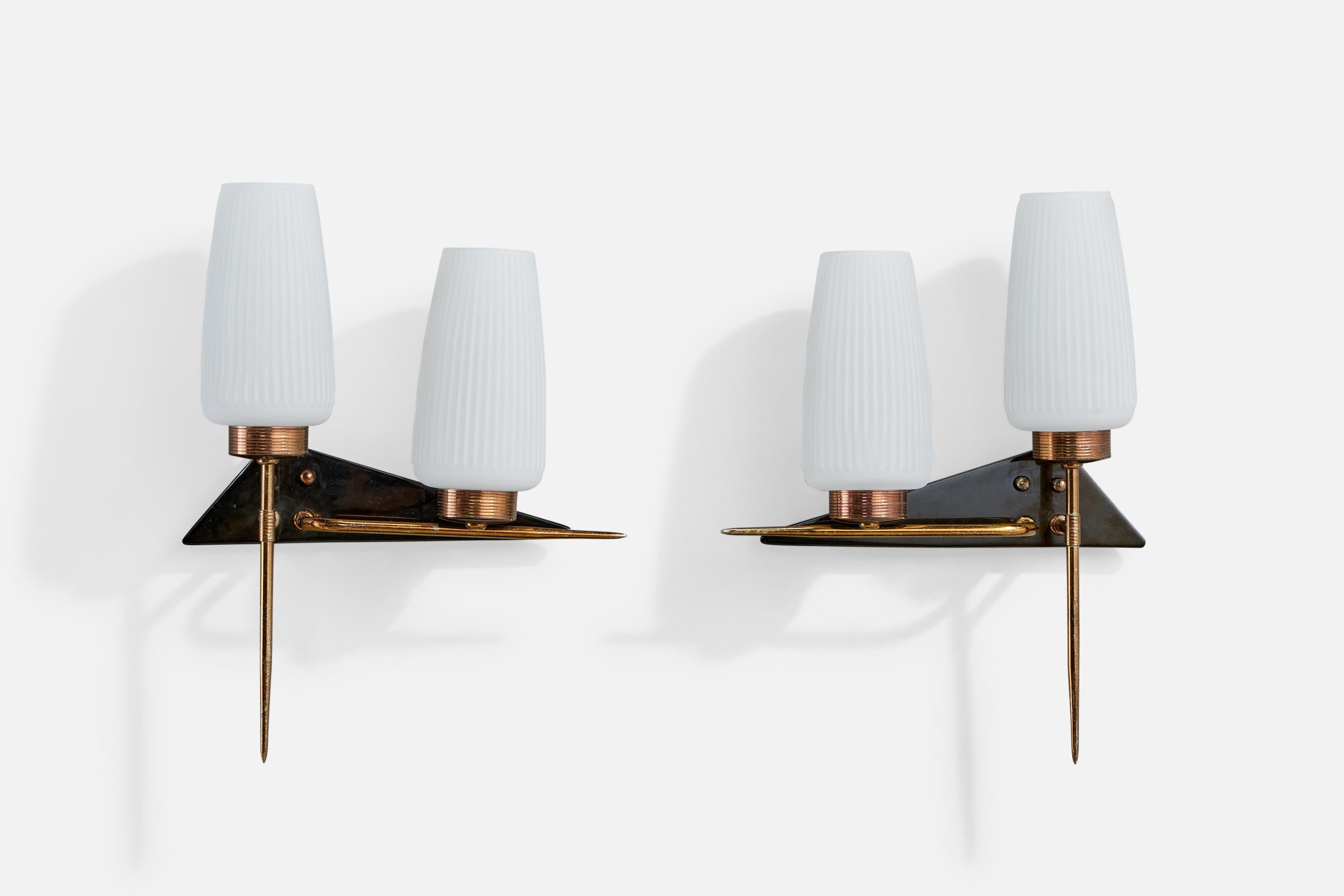 A pair of brass, black acrylic and white opaline glass wall lights designed and produced in France, c. 1950s.

Overall Dimensions (Inches): 14.25
