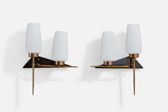 French Designer, Wall Lights, Brass, Glass, Acrylic, France, 1950s