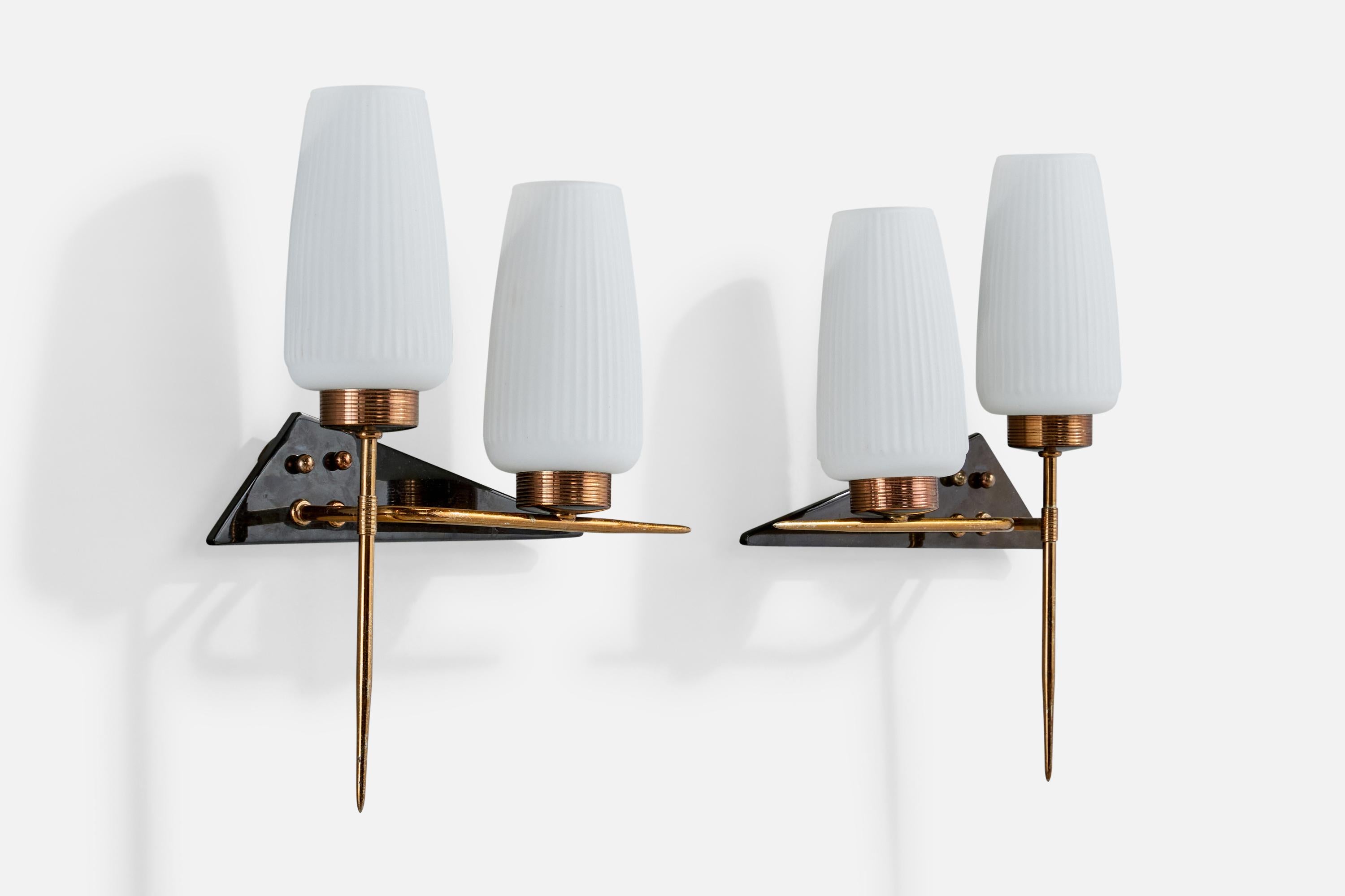 Mid-Century Modern French Designer, Wall Lights, Brass, Glass, Acrylic, France, 1950s For Sale