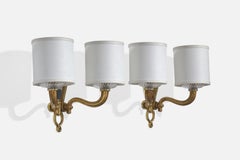 Französischer Designer, Wandleuchten, Messing, Glas, Stoff, Frankreich, 1940er Jahre