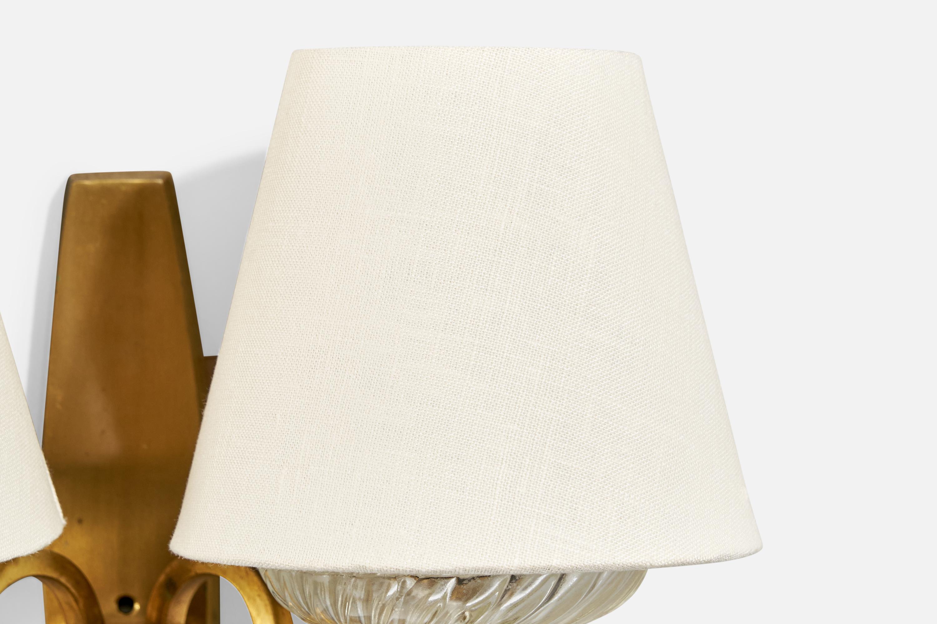 French Designer, Wall Lights, Brass, Glass, Fabric, France, 1950s For Sale 1