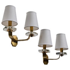 French Designer, Wall Lights, Brass, Glass, Fabric, France, 1950s