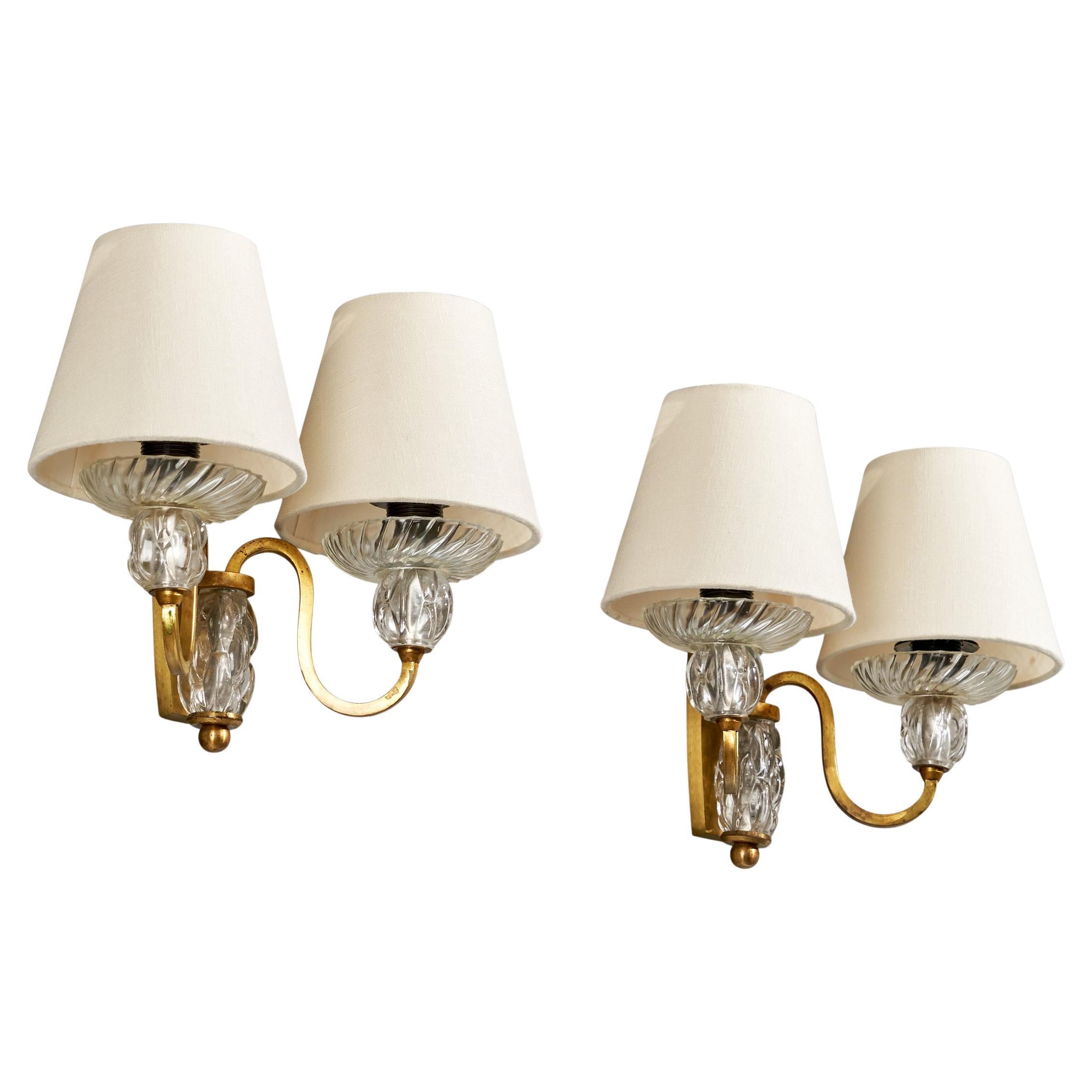 Designer français, Lights, laiton, verre, tissu, France, 1950s