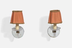 French Designer, Wall Lights, Brass, Glass, Fabric, France, 1960s