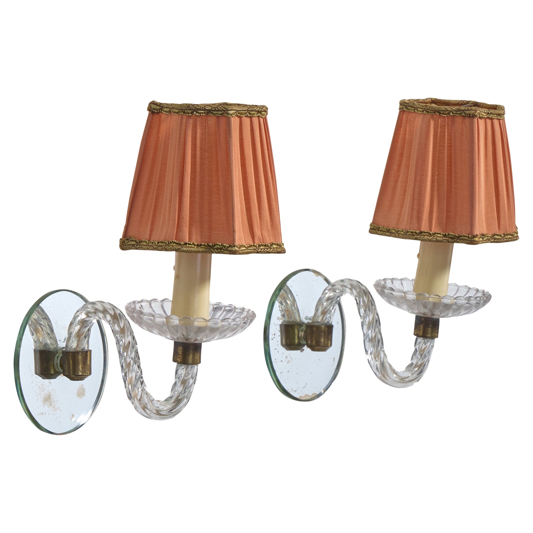 French Designer, Wall Lights, Brass, Glass, Fabric, France, 1960s
