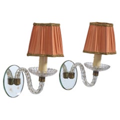 French Designer, Wall Lights, Brass, Glass, Fabric, France, 1960s