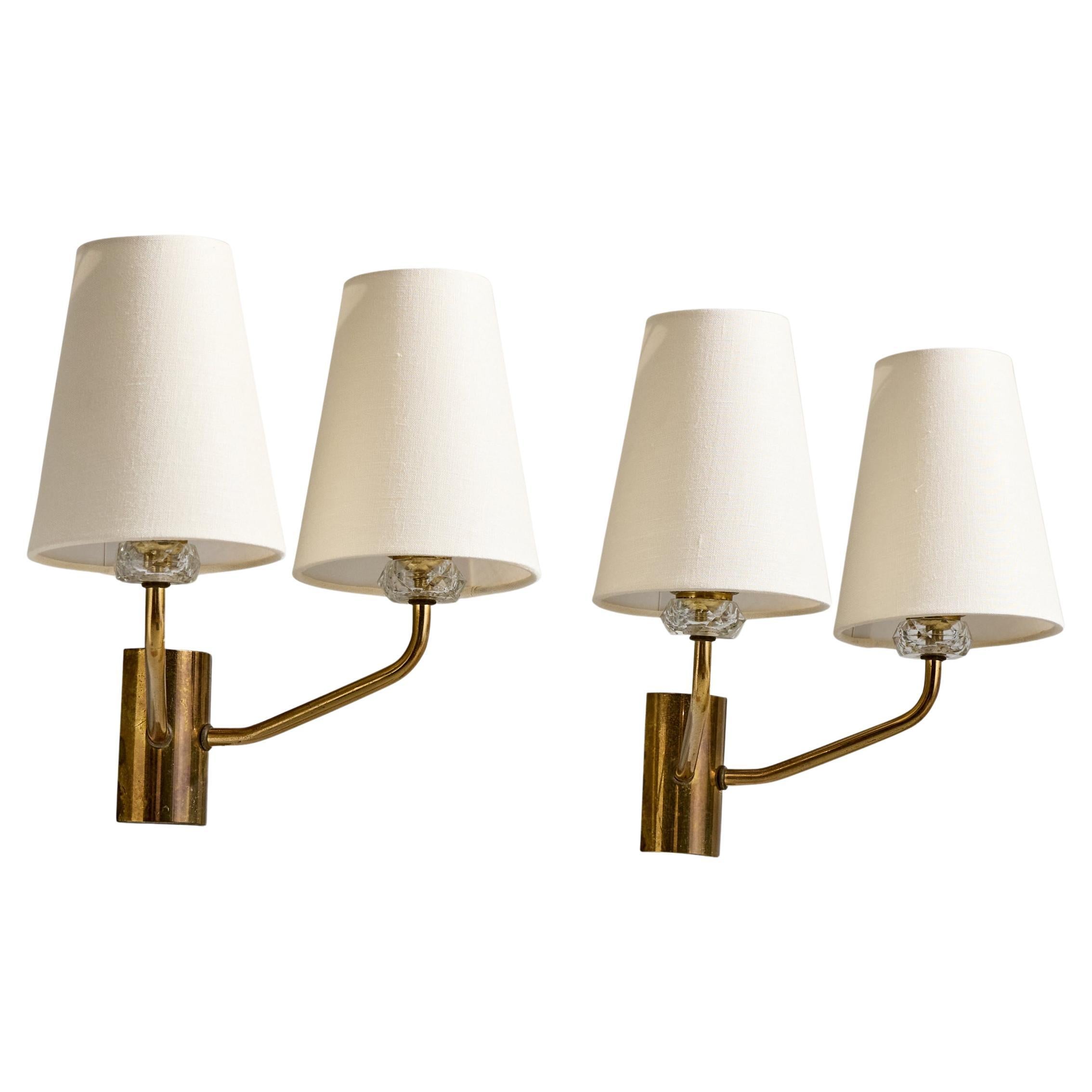 French Designer, Wall Lights, Brass, Glass, Fabric, France, 1960s
