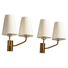 French Designer, Wall Lights, Brass, Glass, Fabric, France, 1960s