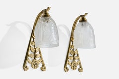 French Designer, Wall Lights, Brass, Glass, France, 1930s