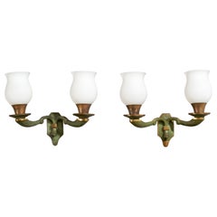 French Designer, Wall Lights, Brass, Glass, France, 1930s