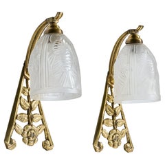 French Designer, Wall Lights, Brass, Glass, France, 1930s