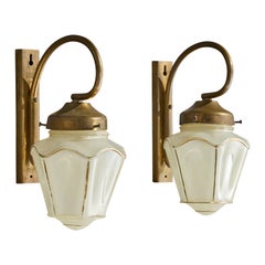 French Designer, Wall Lights, Brass, Glass, France, 1930s