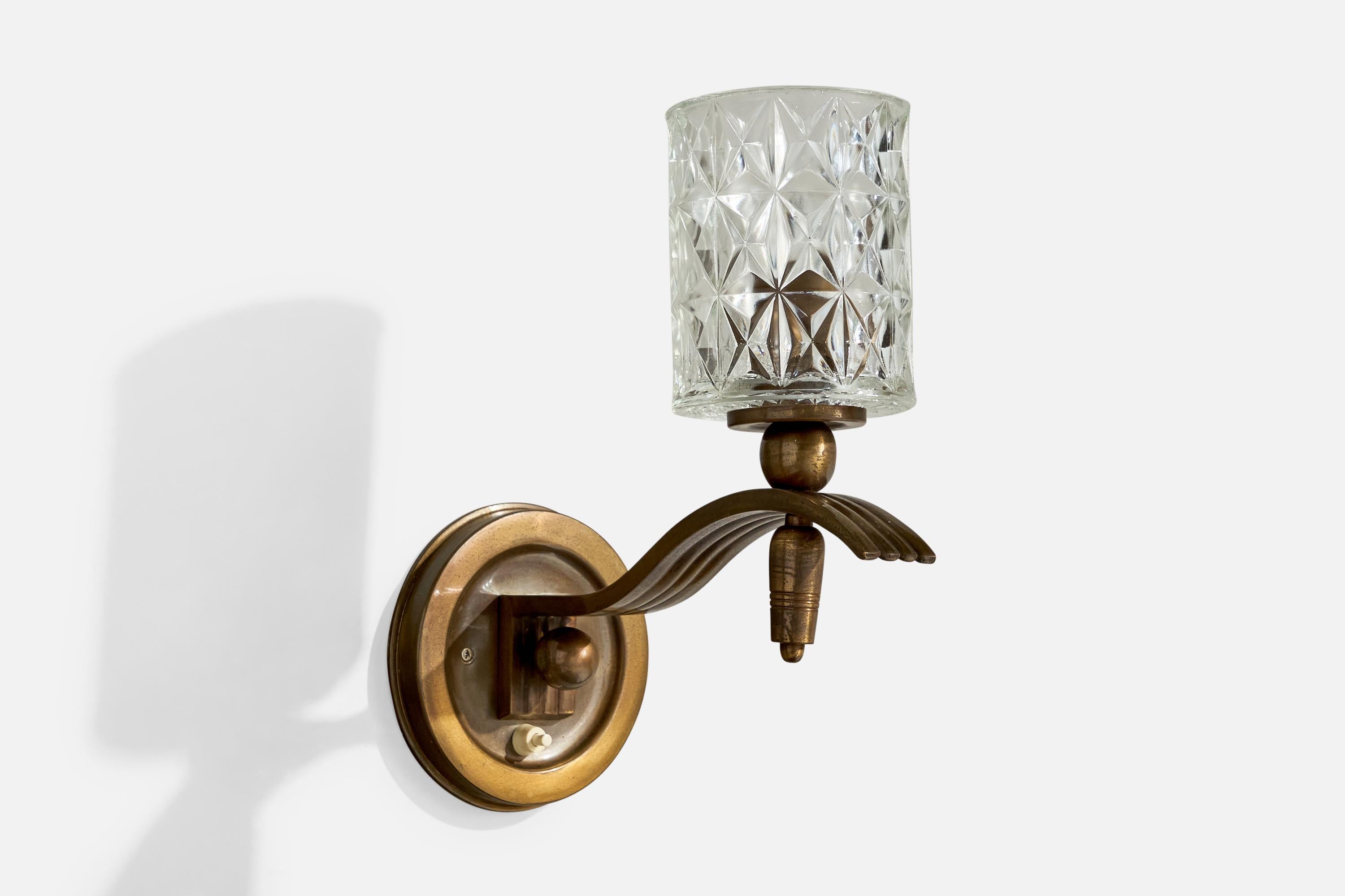 Mid-20th Century French Designer, Wall Lights, Brass, Glass, France, 1940s