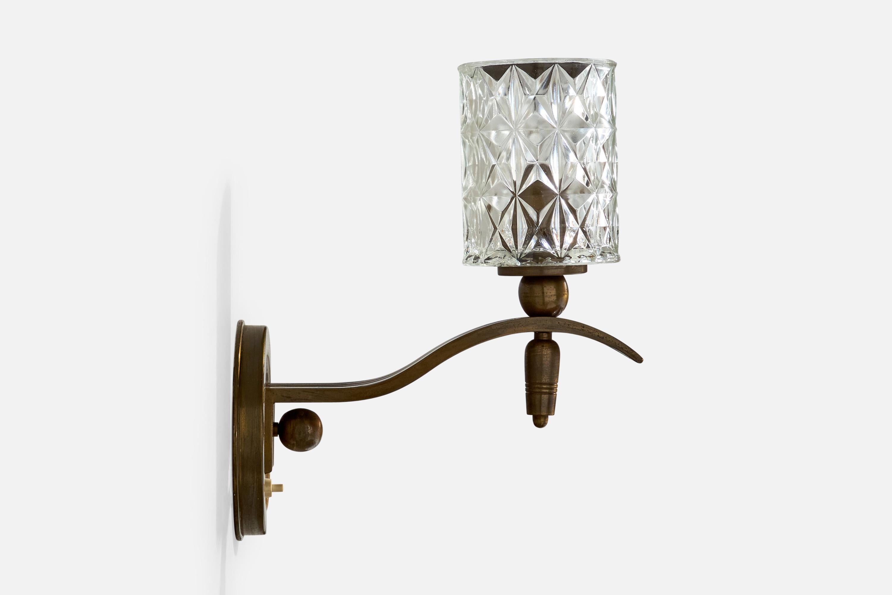 French Designer, Wall Lights, Brass, Glass, France, 1940s 1