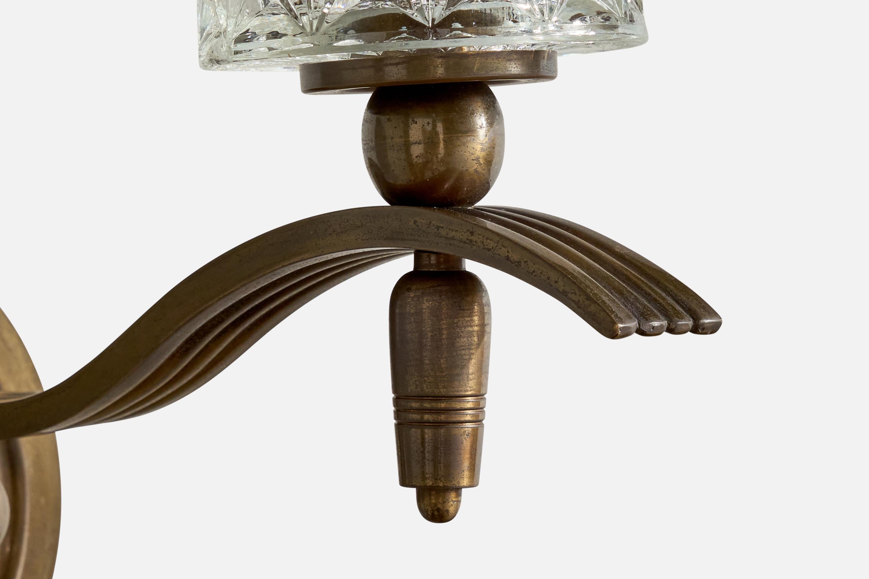 French Designer, Wall Lights, Brass, Glass, France, 1940s 3