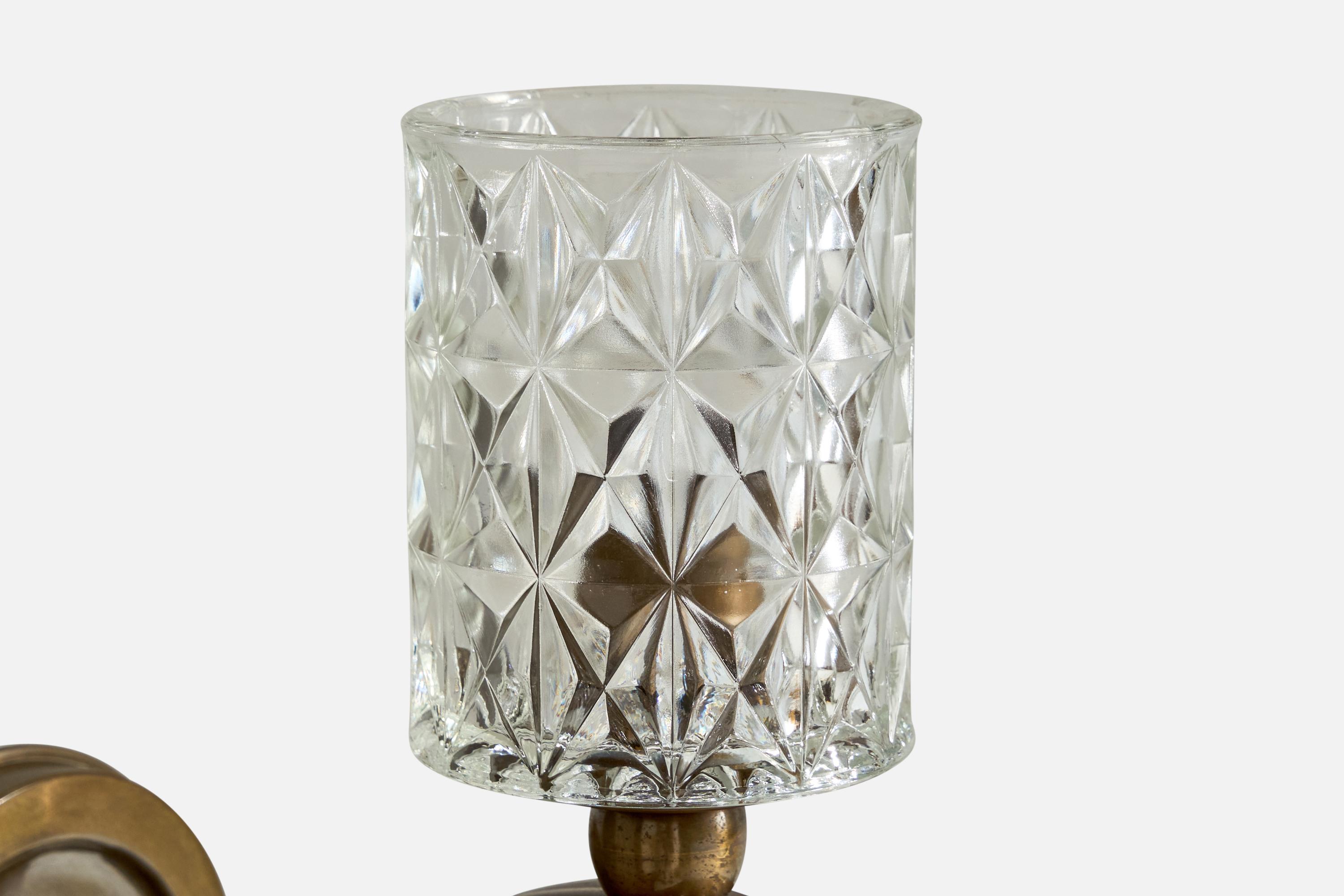 French Designer, Wall Lights, Brass, Glass, France, 1940s 4