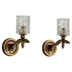 French Designer, Wall Lights, Brass, Glass, France, 1940s