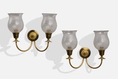 Designer francese, lampade da parete, ottone, vetro, Francia, anni '1950