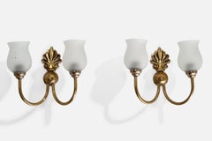 French Designer, Wall Lights, Brass, Glass, France, 1950s