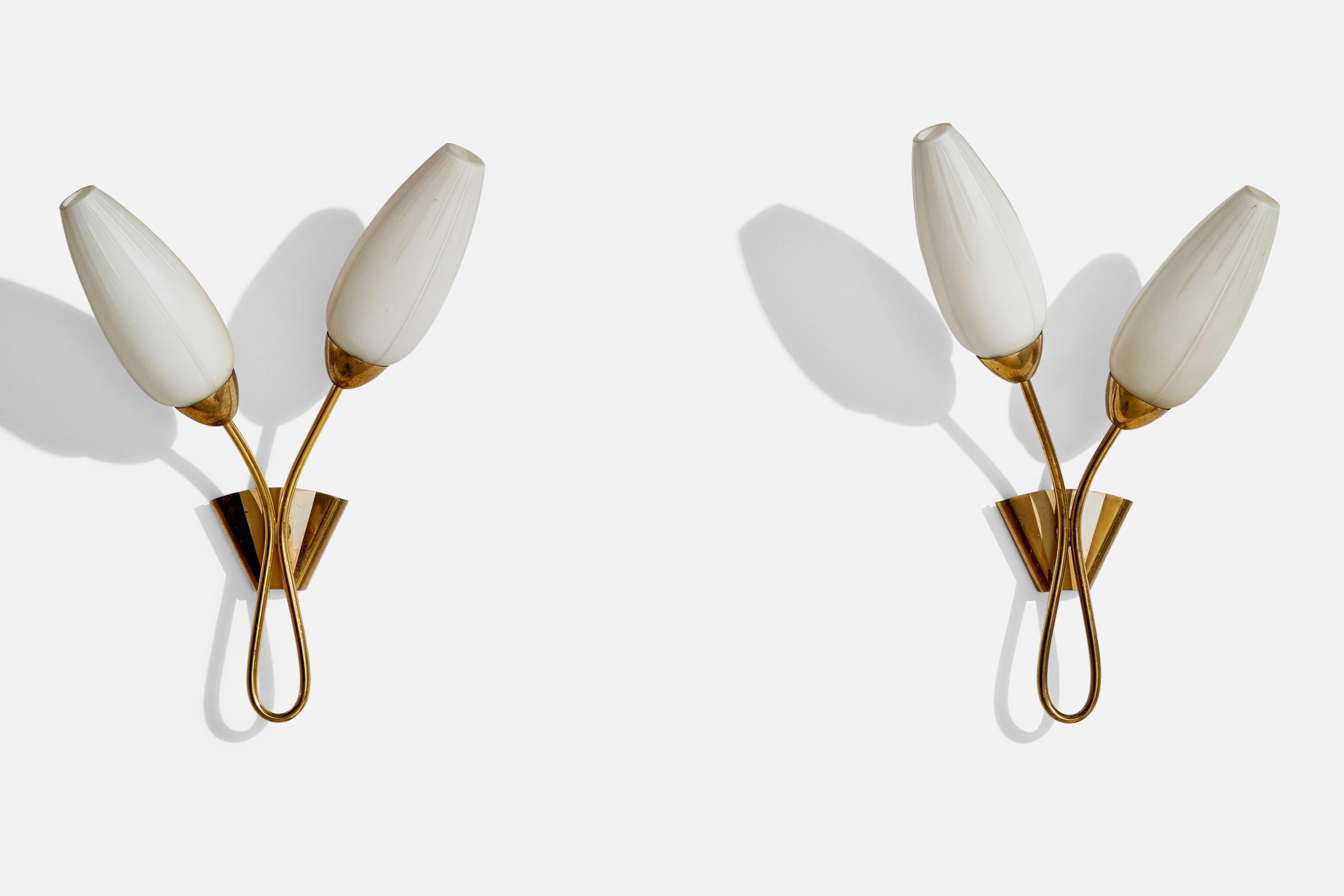 A pair of brass and white opaline glass wall lights designed and produced in France, c. 1950s.

Overall Dimensions (inches):  15.125” H x  11” W x  5.625“D
Back Plate Dimensions (Inches): 2.75 ” H x 3.875” W x .625” D
Bulb Specifications: E-14