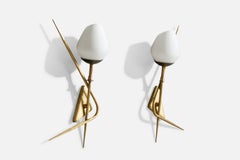 French Designer, Wall Lights, Brass, Glass, France, 1950s