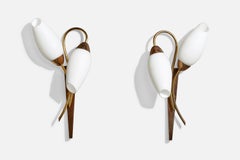 French Designer, Wall Lights, Brass, Glass, France, 1950s