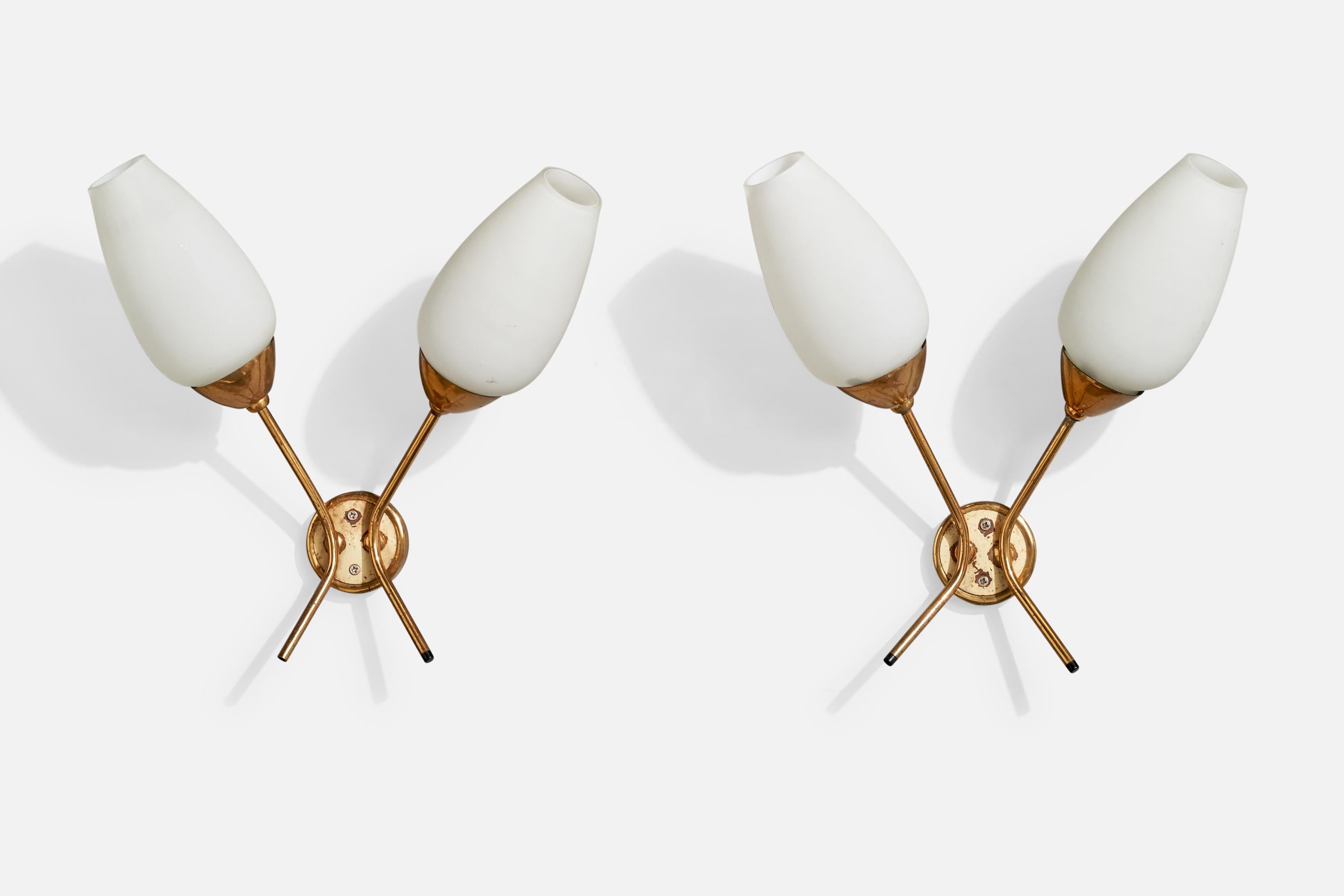 A pair of brass and white opaline glass wall lights designed and produced in France, c. 1950s.

Overall Dimensions (Inches): 13” H x 8” W x 5“ D

Back Plate Dimensions (Inches): 2.5” H x 2.5“ W x .75” D

Bulb Specifications: E-14

Number of Sockets