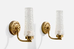 French Designer, Wall Lights, Brass, Glass, France, 1950s