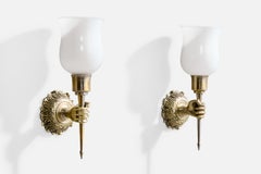 French Designer, Wall Lights, Brass, Glass, France, 1950s
