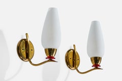 French Designer, Wall Lights, Brass, Glass, France, 1950s