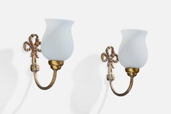 French Designer, Wall Lights, Brass, Glass, France, 1950s
