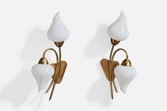 French Designer, Wall Lights, Brass, Glass, France, 1950s