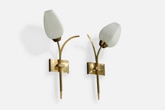 French Designer, Wall Lights, Brass, Glass, France, 1950s