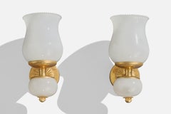 French Designer, Wall Lights, Brass, Glass, France, 1950s