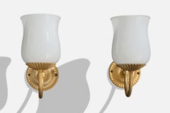 French Designer, Wall Lights, Brass, Glass, France, 1950s
