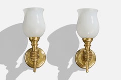 French Designer, Wall Lights, Brass, Glass, France, 1950s