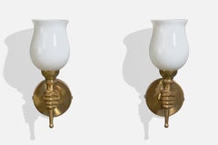 Designer francese, lampade da parete, ottone, vetro, Francia, anni '1950