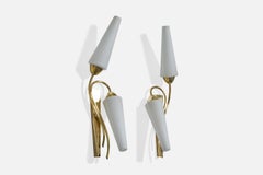 French Designer, Wall Lights, Brass, Glass, France, 1950s
