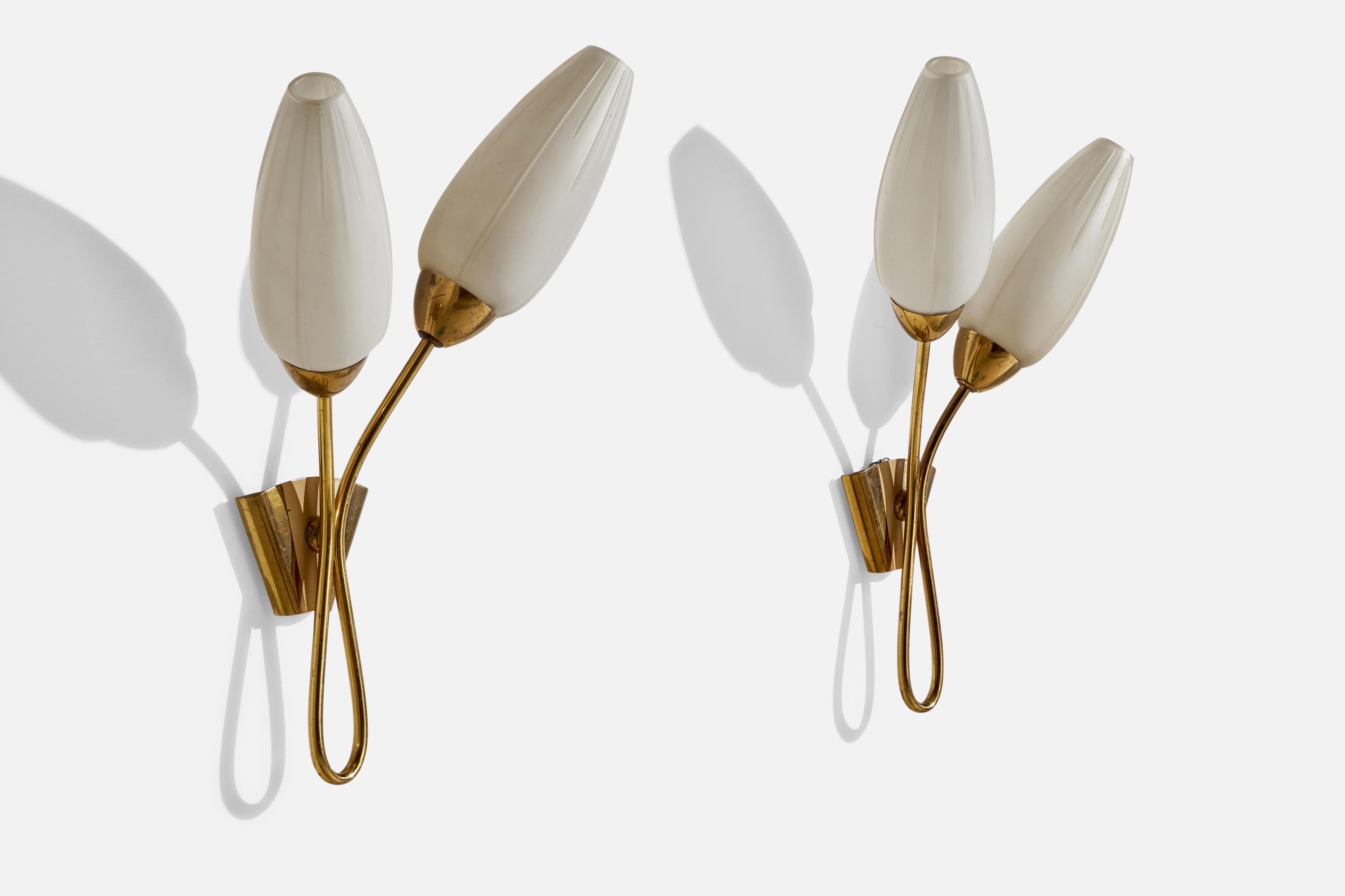 Mid-Century Modern French Designer, Wall Lights, Brass, Glass, France, 1950s