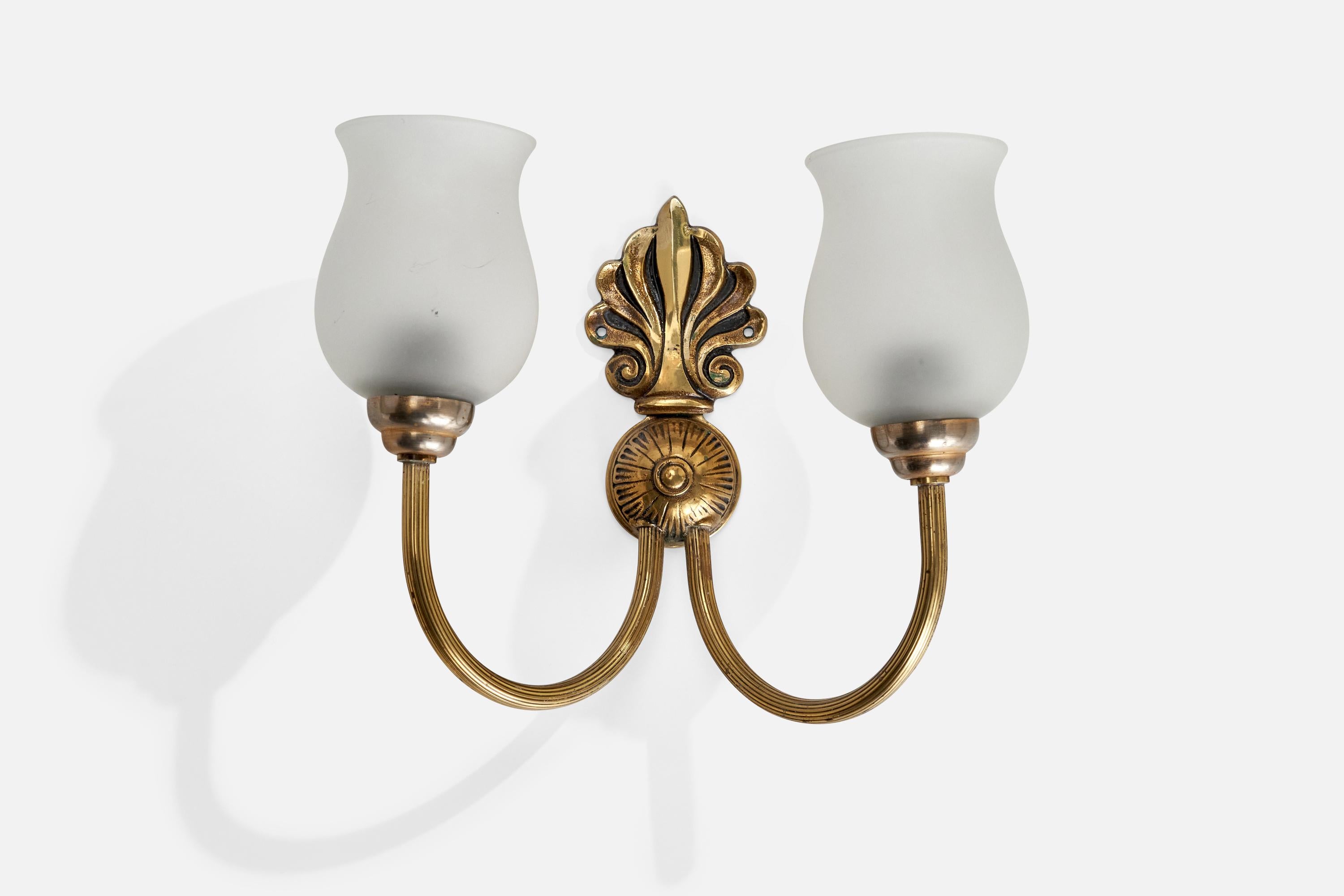 Mid-20th Century French Designer, Wall Lights, Brass, Glass, France, 1950s For Sale