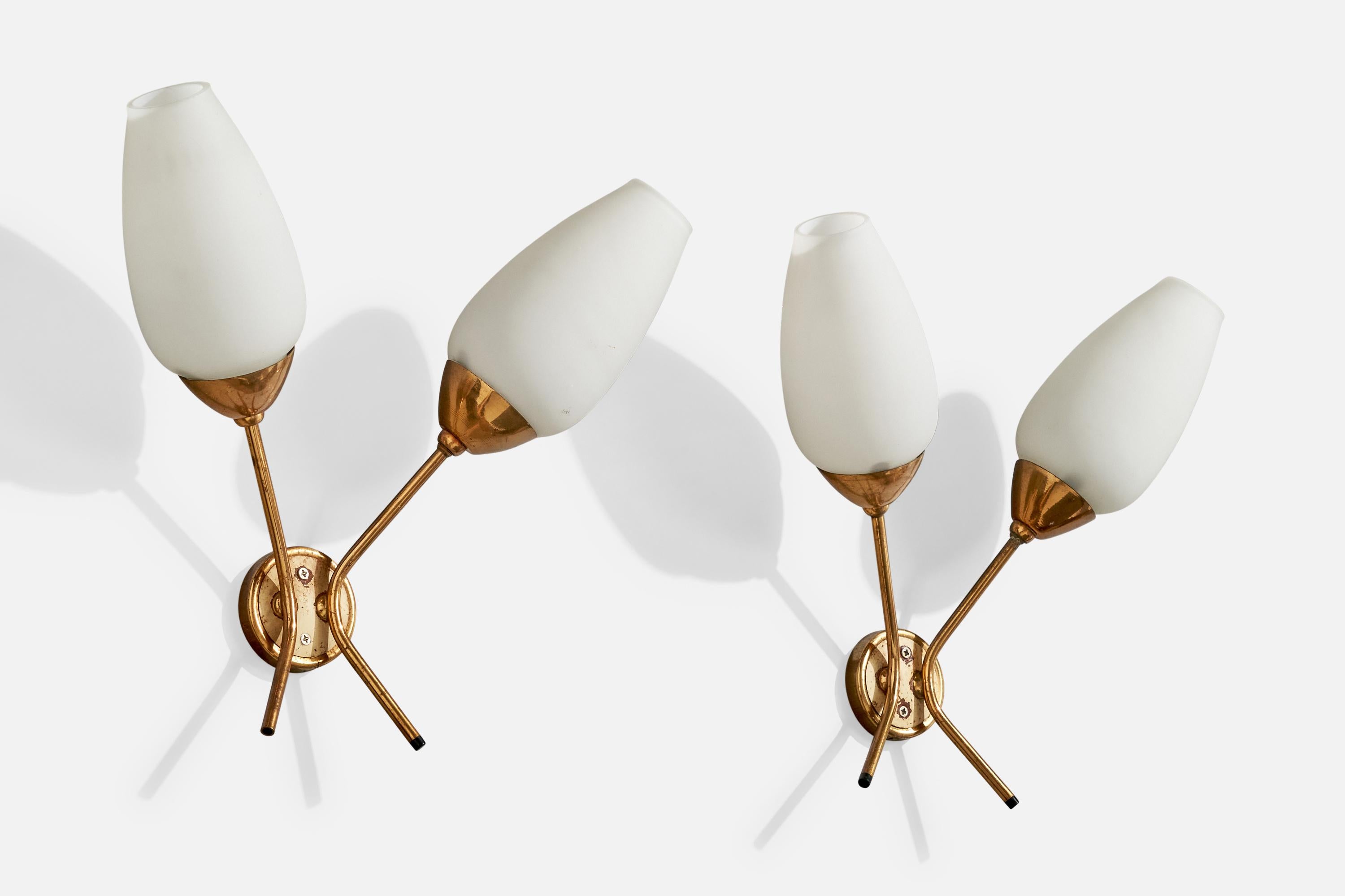 Mid-20th Century French Designer, Wall Lights, Brass, Glass, France, 1950s For Sale