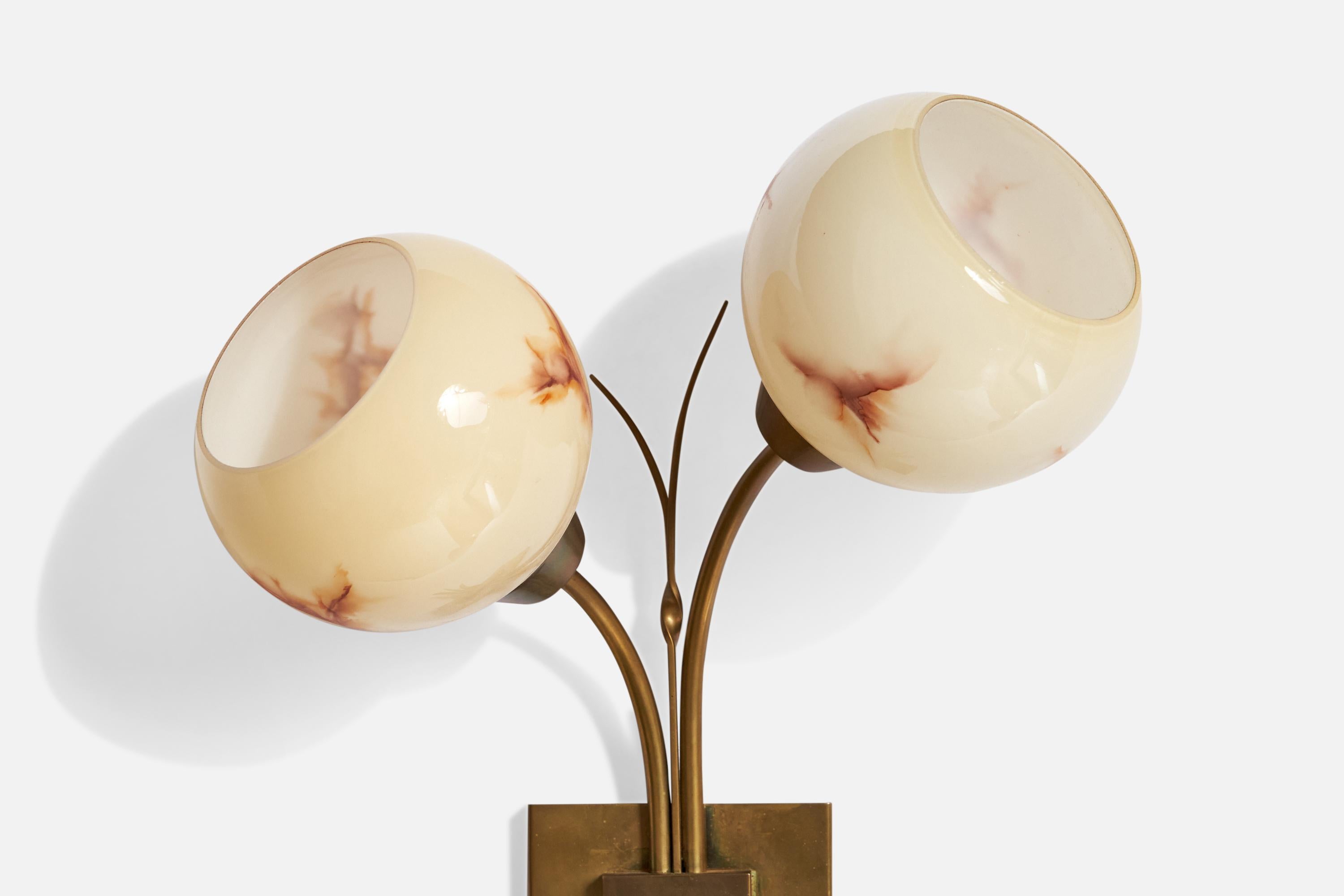 Mid-20th Century French Designer, Wall Lights, Brass, Glass, France, 1950s