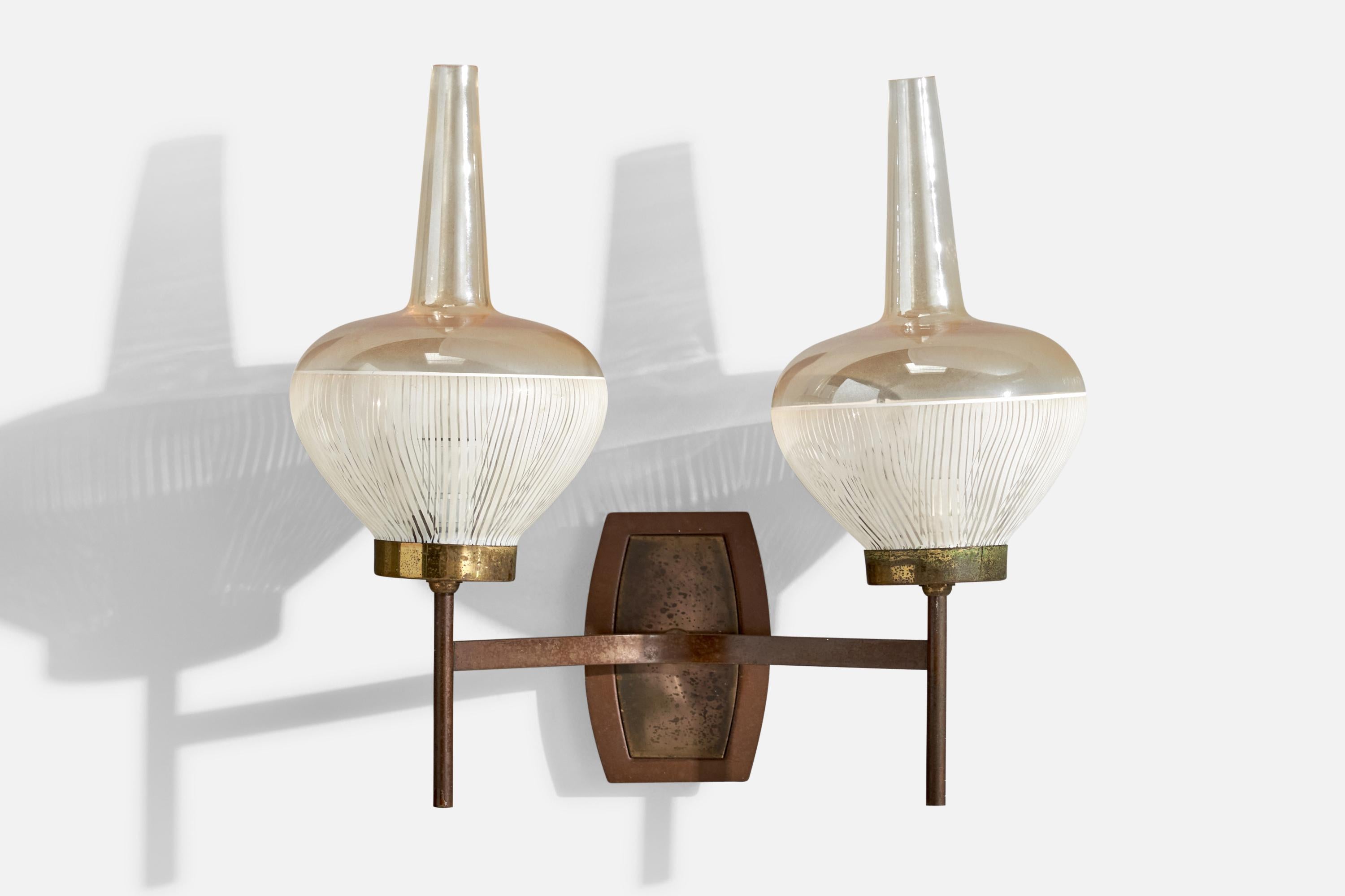 Mid-20th Century French Designer, Wall Lights, Brass, Glass, France, 1950s For Sale
