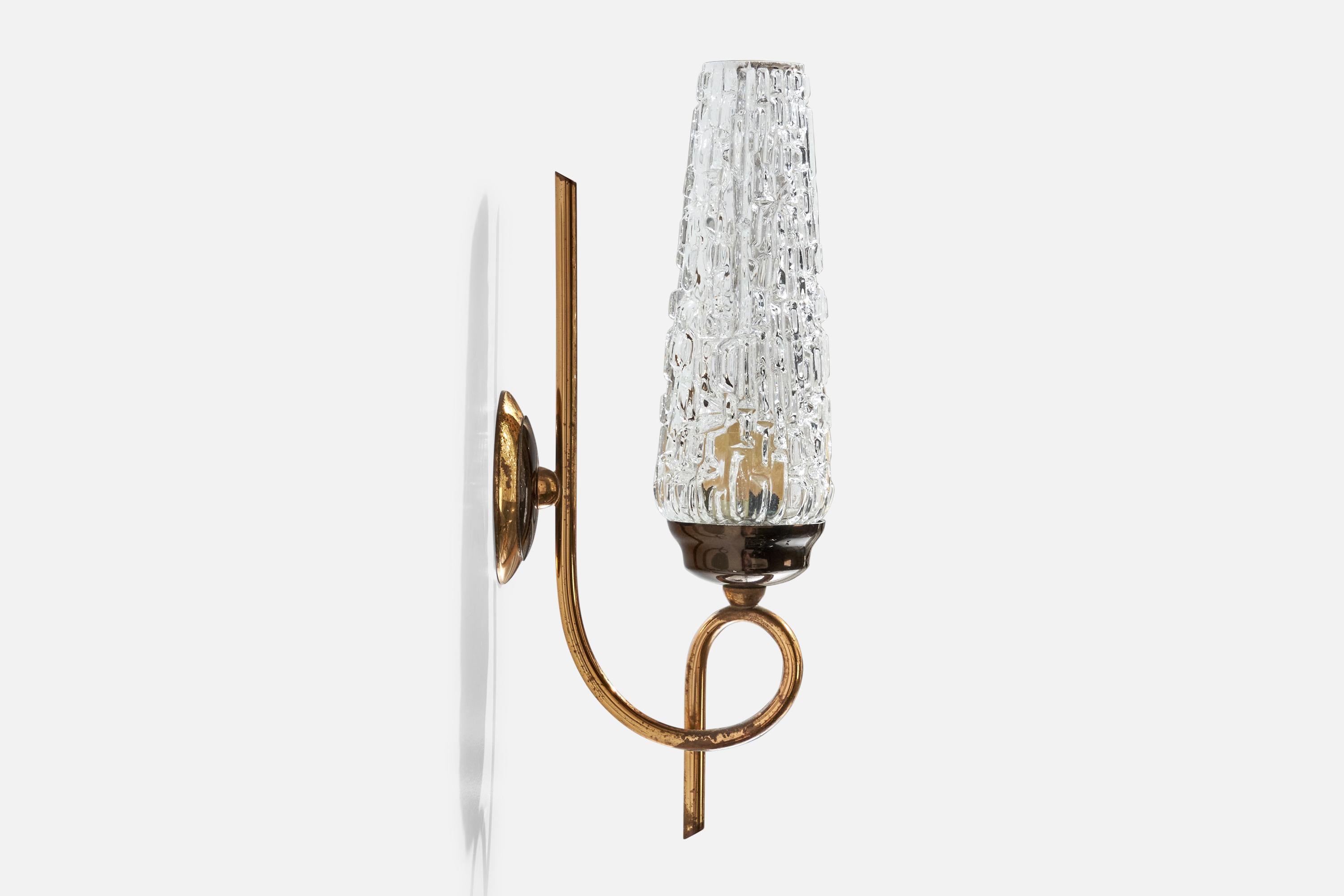 Mid-20th Century French Designer, Wall Lights, Brass, Glass, France, 1950s For Sale