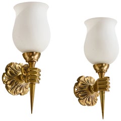 Diseñador francés, Apliques, Latón, Cristal, Francia, Años 1950