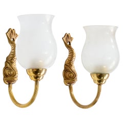 French Designer, Wall Lights, Brass, Glass, France, 1950s