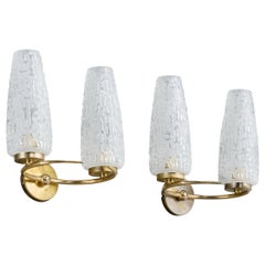 French Designer, Wall Lights, Brass, Glass, France, 1950s